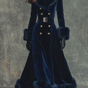 TEMU 여성용 우아한 빈티지 네이비 블루 따뜻한 코트 | 더블 브레스티드 롱 코트, 플러시 칼라, 허리 강조 핏