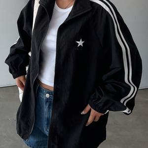 TEMU 여성용 패션 캐주얼 블랙 Y자형 숏 자켓 2026 겨울 봄 아웃도어 S 사이즈 캐주얼 블랙 드로스트링 오각별 프린트 디자인 숏 긴팔 자켓 ASD1 스키 커프스 신축성 있는 고무 밴드 턴다운 칼라 새해 연휴 아웃도어 캠핑 한국 스타일 여성용 겨울 자켓, 우아하고 시크한 여성용 자켓 발렌타인데이 남녀공용 스타일