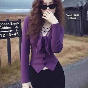 TEMU 보라색 레이스 스티칭 하단 셔츠 V넥 긴팔 안티셔츠 불규칙 레이스업 가디건 탑