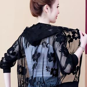 TEMU 가볍고 세련된 여름 스타일 후드 메쉬 및 레이스 재킷, 캐주얼 웨어 및