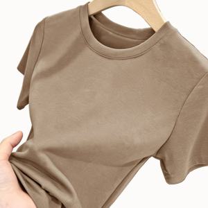 TEMU 여성용 라운드넥 반팔 티셔츠 - 중간 신축성의 단색 베이스 레이어 탑, 블라우스와 함께 착용 불가, 체형에 맞는 봄/여름 레이어링용, 캐주얼 및 드레시웨어, 손세탁 가능한 우아한 베이직 티