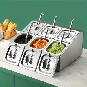 TEMU 뚜껑과 스푼이 있는 스테인리스 스틸 향신료 랙, 6칸 정리함, 2열, 1/6 팬 6개와 스푼 6개 포함, 조미료, 잼, 소스 보관