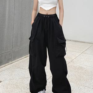 TEMU 신상 플러스 사이즈 요가 바지 사이드 플랩 포켓 드로스트링 허리 롱 트라우저 캐주얼 운동 피트니스 여성용 바지 가볍고 통기성 좋은 쿨링 핫 아이템 루즈 카고 팬츠