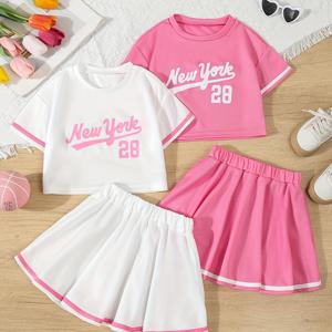 TEMU 여아용 여름 스포티 패션 반팔 레터링 프린트 티셔츠와 솔리드 컬러 밑단 플리츠 스커트 4피스 세트
