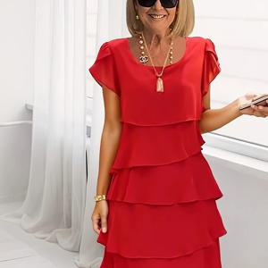 TEMU 여성용 우아한 숏 슬리브 A라인 드레스 - 루즈핏 무릎 길이 숏 드레스, 라운드 넥 & 숏 슬리브, 세탁기 사용 가능 봄 여름 웨딩 게스트 드레스, 캐주얼에서 세미 포멀 웨어 (허리 조임 없음) - 솔리드 컬러