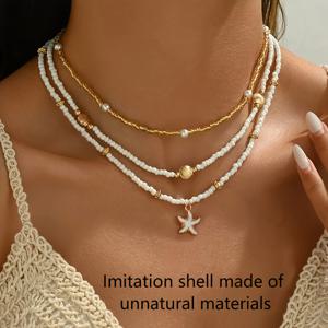 TEMU 3개 여름 해변 휴가 목걸이 세트 (인조 및 조개 모양 펜던트와 비즈 목걸이 포함), 여성 캐주얼, 파티 및 휴일 바디 주얼리 (합성 재질의 모조 조개)