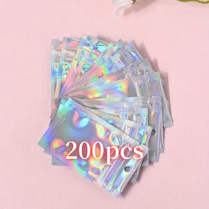TEMU 200개 홀로그래픽 자가 밀봉 백 - 재사용 가능한 먼지 방지 PE 포장재, 쿨 레이저 비즈 장식으로 보석 및 소형 품목에 적합 | 다양한 상황을 위한 반짝이는 재봉포장백 | 홀로그래픽 효과