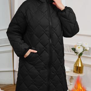 TEMU 플러스 사이즈, 우아한 퀼팅 대소 체크무늬 지퍼 후드 퀼팅 코트, 플러스 사이즈 여성용 미디 기장 패딩 코트, 포켓 포함, 루즈핏, 따뜻함