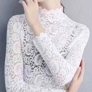 TEMU 우아한 레이스 디테일 긴팔 블라우스 - 100% 폴리에스터, 스트레치, 핸드워시 전용, 캐주얼 & 포멀웨어 올 시즌 탑