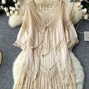 TEMU 여성 비치 커버업 손뜨개 플로럴 레이스 롱 가디건 얇은 캐주얼 태슬 자외선 차단 셔츠