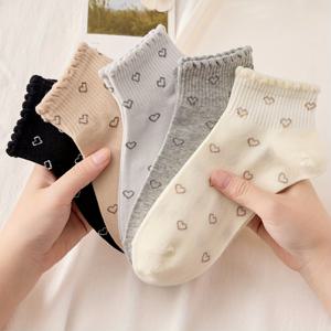TEMU 5켤레 여름용 통기성 좋은 로우컷 양말, 일본 레이스 하트 프린트 컬리지 스타일 흡습 발목양말