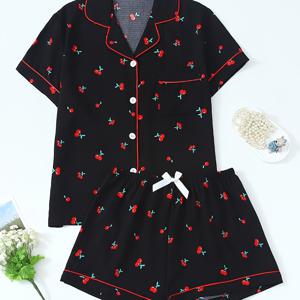 TEMU '잠옷, 2pcs 세트, 반팔 상의 및 반바지, 봄 여름, 블랙 체리 프린트, 십대용, 십대용