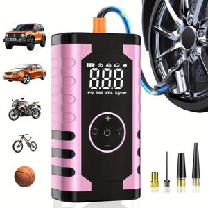 TEMU 스마트 휴대용 에어 컴프레서, 150PSI 3배 빠른 무선 타이어 공기 주입기, 디지털 압력계, LED 조명 및 자동차, 자전거, , 공용 노즐 4개 포함