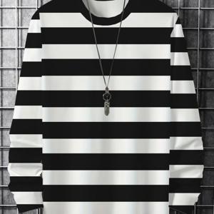 TEMU 남성 캐주얼 긴팔 티셔츠 - 블랙 앤 화이트 기하학적 라운드넥 레귤러 핏, 사계절 편안한 세탁기 사용 가능 상의, 클래식 패턴 내구성 좋은 원단 캐주얼 웨어