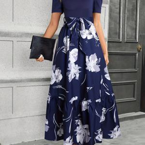 TEMU 여성용 우아한 네이비 블루 기하학 프린트 퍼프 슬리브 드레스, 리본 벨트 - A라인, 세탁기 사용 가능 봄 여름 가을 캐주얼 세미 포멀 웨어, 편안한 원단, 플로이 디자인