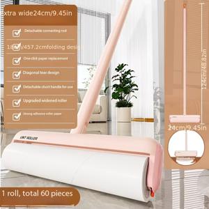 TEMU 24CM 긴 핑크색 세트 -- 린트 롤러 실린더 retractable 긴 막대 확장형 침대 롤링 브러시 흡착식 바닥 의류 끈적이는 먼지 머리카락 흡착 도구