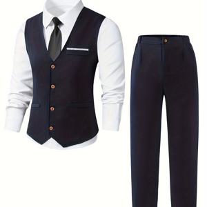 TEMU 2개입 십대 남학생 신사복 투피스 네이비 블루 슬림핏 조끼, 동일 색상 텍스처 롱 스ूट 팬츠 포멀 우아한 로맨틱 화려한 드레스 생일 파티 이브닝 쇼 웨딩 시즌 투피스 생일, 결혼식, 웨딩 게스트, 페이지보이, 십대용