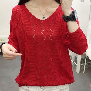 TEMU 여성용 긴소매 얇은 박쥐 날개 스웨터, 루즈핏 브이넥 크로셰 레이스 여성 의류