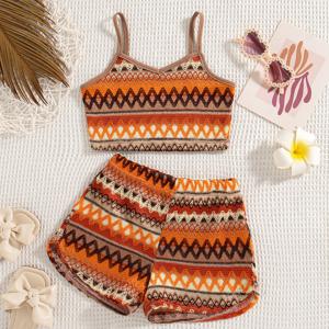 TEMU 여아용 캐주얼 아웃팅 패션 랜덤 패턴 스파게티 스트랩 탱크탑과 쇼츠 투피스 세트, 봄/여름 여아용 쇼츠 세트, 야외 활동에 완벽