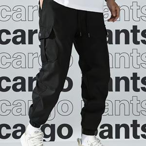 TEMU 남성용 멀티 포켓 드로스트링 카고 바지, 사계절용, 야외 통근에 적합, 루즈하고 캐주얼한 스타일, 내구성이 뛰어난 논스트레치 폴리에스터 섬유 원단으로 제작된 다용도 작업 바지 (세탁기 사용 가능). 캐주얼한 휴가에 스타일리시한 선택