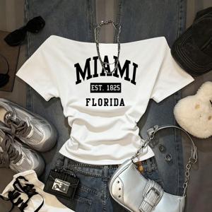 TEMU 미국 스타일 레트로 오프숄더 레터 프린트 탑, 트렌디하고 유니크한 원숄더 스위트 쿨한 여름 그래픽 티셔츠, 하이엔드 다용도 반팔 스프링/여름 스트리트 패션