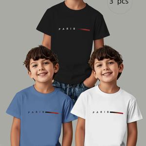 TEMU 3개 세트 남아용 반팔 티셔츠 - 파리 레터링 & 세로 