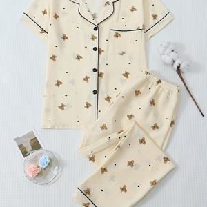 TEMU 여성용 미니 하트 베어 프린트 파자마 세트 2pcs, 대조 트림 버튼업 셔츠와 탄성 허리밴드 팬츠, 봄/여름 세트, 투피스, 홈웨어에 완벽