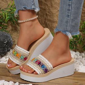 TEMU 에스닉 스타일 샌들, 새로운 여름용 통굽 키높이 아웃도어 슬리퍼, 여성 신발