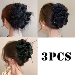 TEMU 3개 세트 우아한 블랙 구름 버블 클로 클립 세트 여성 헤어 스타일링 대형 상어 클립 태슬 블랙 별이 빛나는 하늘 블랙 깃털 블랙 3피스 헤어 클립