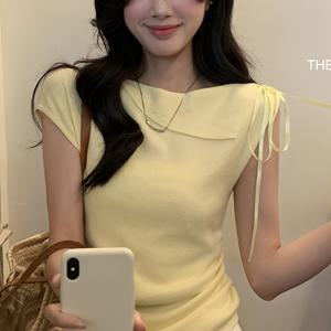 TEMU 봄/여름 프릴 리본 오프숄더 슬라이트 퍼프 소매 그린티 레몬 프렌치 스타일 여성 탑