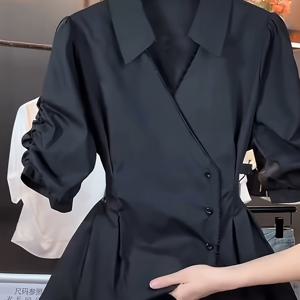 TEMU 우아한 여성용 하이엔드 퍼프 슬리브 브이넥 블라우스, 허리를 조이는 밑단 디자인, 데일리웨어용