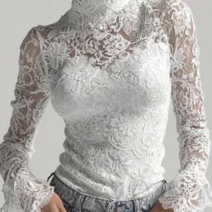 TEMU 하이넥 롱소매 탑, 우아한 성숙한 스타일, 화이트 입체 플라워 레이스 하이넥 플레어 소매 슬림핏 탑과 캐미솔 2피스 세트, 부를 끌어들이는