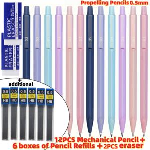 TEMU 미적 기계 연필 세트 - 12개 0.5mm/0.7mm 구동 연필 (6개 상자 HB 연필심 포함) + 지우개 2개, 학생용 학용품, 저널링 사무실, 문구류 신학기