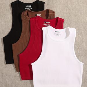 TEMU Fly Stride 4pcs 멀티컬러 심리스 골지 크롭 탑, O넥 민소매 캐주얼 스포츠 탱크 탑, 여성 의류