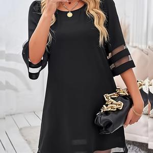 TEMU 메쉬 스플라이스 라운드넥 드레스