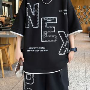 TEMU 여름 남성 스포츠웨어 세트, 청소년 학생 캐주얼 투피스 의상, 여름 티셔츠와 반바지 세트, 반팔 반바지 세트, 통기성 좋고 편안한 흡습 속옷