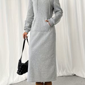 TEMU 여성용 캐주얼 긴팔 후드 스웨트셔츠 드레스 - 단색, 루즈핏, 헴, 폴리에스터, 가을/겨울용 기계 세탁 가능