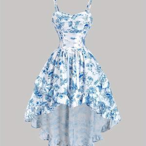 TEMU 파란색과 흰색 도자기 프린트가 특징인 빈티지 드레스입니다. V넥, 보우 타이, 비대칭 러플 헴이 특징입니다. 이 드레스는 우아하고 로맨틱하며, 데이트에 완벽하며, 핏되는 허리와 조절 가능한 스트랩이 있어 베이비돌 스타일을 연상시킵니다.
