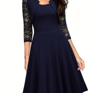 TEMU 여성용 단색 라운드 넥라인 오픈 프론트 레ース 소매 피티드 드레스, 우아한 파티 행사용