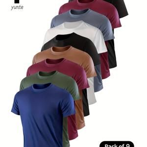 TEMU 네이비 블루, 아미 그린, 버건디, 카키, 블랙, 화이트, 그레이, 버건디, 블랙 혼합 세트 9개입 - 초경량 남성용 크루넥 티셔츠 - 피트니스, 헬스장, 달리기용 속건성, 통기성, 흡습성 셔츠, 가볍고 편안한 스포츠 및 피트니스 훈련용 속건성 반팔 흡습성 셔츠