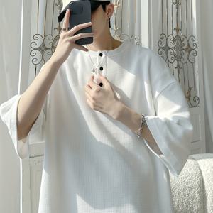 TEMU 헤비 와플 니트 헨리 반팔 티셔츠 남성용 봄/여름 트렌디 브랜드 미국 하이 스트리트 루즈 시ル루엣 커플 티셔츠