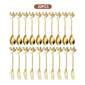 TEMU 20개 골든 리프 스테인리스 미니 포크와 커피 숟가락 세트, 스테인리스 미니 포크 & 스푼, 잎 모양 디저트 도구, 우아한 주방용품 내구성 및 방청 쉬운 청소 | 과일, 전채, 케이크, 치즈 샐러드용 - 가정 사용, 파티, 결혼식, 축제 및 식탁 장식에 적합 - 캐터링 도구
