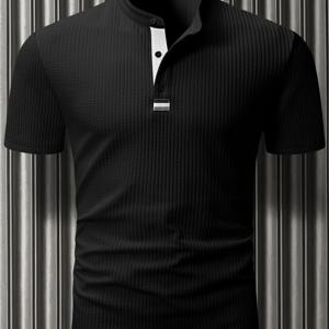 TEMU 남성용 헨리 셔츠 반팔 상의, 일상 작업복용, 앞여밈 디자인, 세로줄무늬 텍스처 자카드 원단, 패셔너블한 캐주얼 스타일, 평상복, 신축성 원단