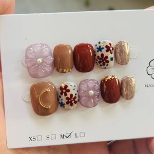 TEMU 브라운 & 핑크 핸드메이드 네일 아트, 숏 플로럴 시리즈, 일본 & 한국 스타일, 믹스 컬러, 데일리 모임을 위한 새로운 그라데이션 디자인