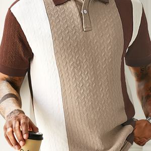 TEMU 남성용 폴로 셔츠 반팔 패치워크 티셔츠 여름용 두꺼운 버튼 자카드 니트 캐주얼 패션 아우터 편안한 고품질 남성 상의