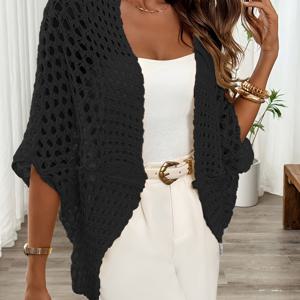 TEMU 봄/여름 우아한 여성용 배트윙 소매 루즈핏 오픈워크 가디건