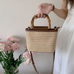 TEMU 대나무 관목 질감 미니 핸드백, 2025년 신상 여성용 니치 우븐 크로스백, 여름 짚 우븐 버킷백