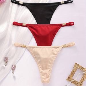 TEMU 3개 세트 - 여성용 단색 심리스 끈 팬티, 다용도 T-백 팬티 - PML01 (블랙, 라이트 베이지, 버건디)