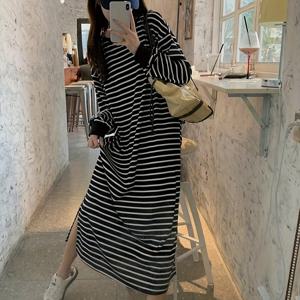TEMU 여성용 우아한 세로 줄무늬 맥시 드레스 - 라운드넥 긴소매 롱 드레스, 세탁기 사용 가능, 웨딩, 파티, 봄/가을 정장