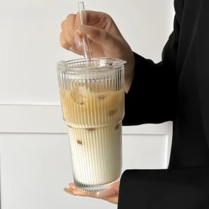 TEMU 3개 세트 (컵+뚜껑+빨대) 유리 커피컵, 550ml-600ml 음료컵, 뚜껑 있는 유리컵, 커피컵, 차컵, 위스키컵, 우유컵, 가정, 사무실, 여행용